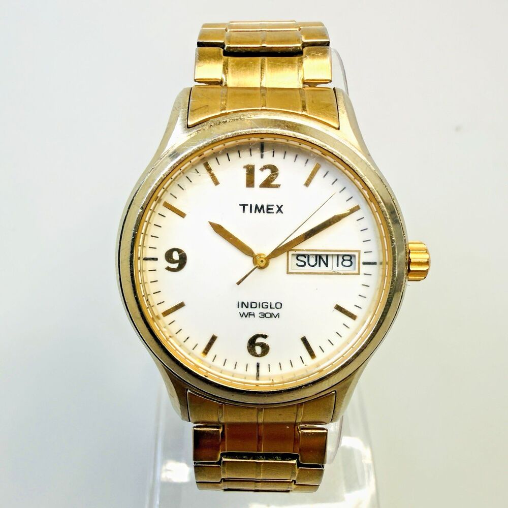 Timex Indiglo WR 30M Mens Watch 35mm White Dial Gold Tone Bracelet Vintage EUC